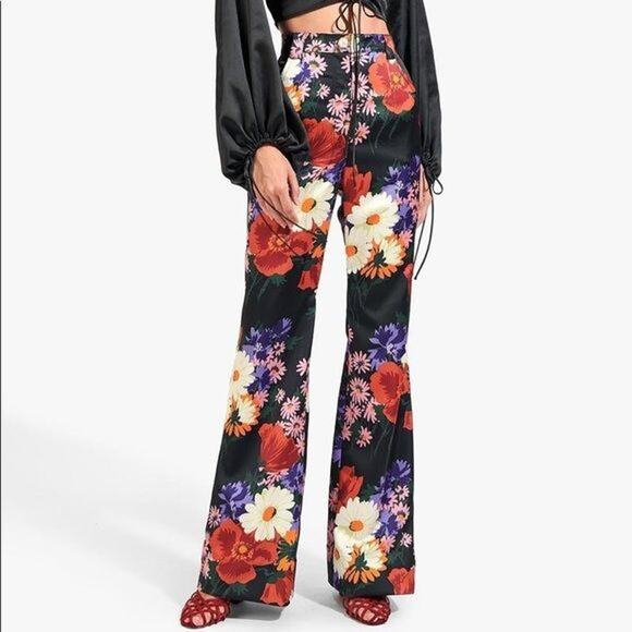 STAUD Austin Pants Size 4 Satin Floral Bloom Flares Black - Picture 1 of 16